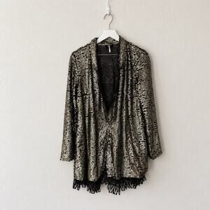 Free People Black Gold Sequin Fringe Open Kimono Jacket Small